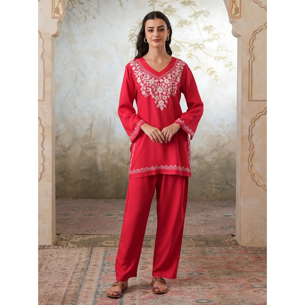 QAZMI Womens Viscose Rayon Embroidered Red Kurti with Pant