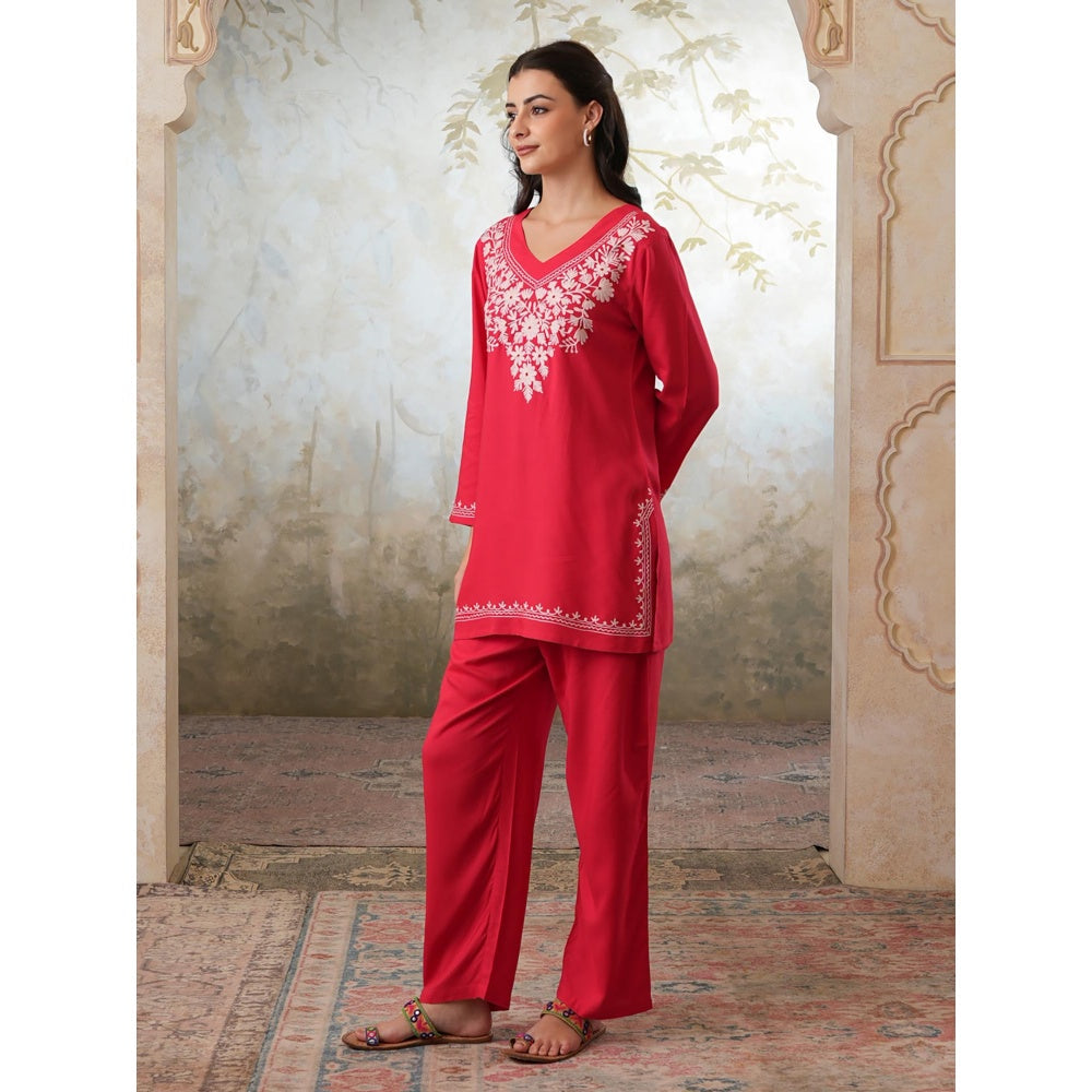 QAZMI Womens Viscose Rayon Embroidered Red Kurti with Pant