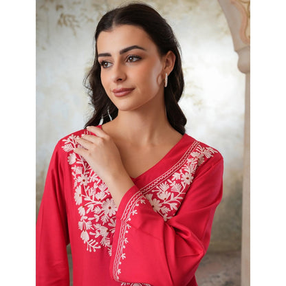 QAZMI Womens Viscose Rayon Embroidered Red Kurti with Pant