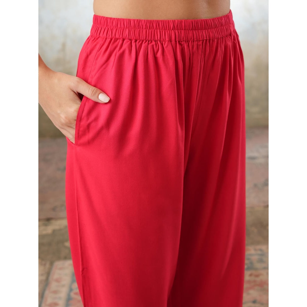 QAZMI Womens Viscose Rayon Embroidered Red Kurti with Pant