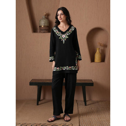Qazmi Kashmiri Aari Work Viscose Rayon V-Neck Full Sleeves CoOrd Set