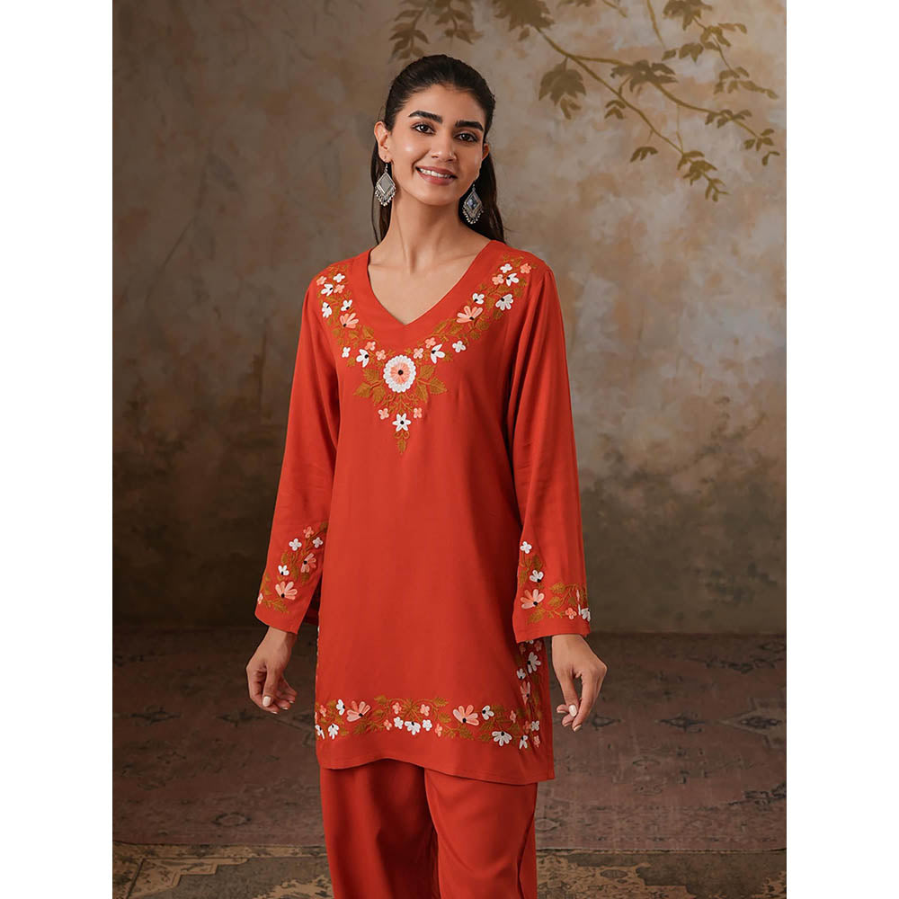 QAZMI Womens Viscose Rayon Embroidered Red Kurti with Pant