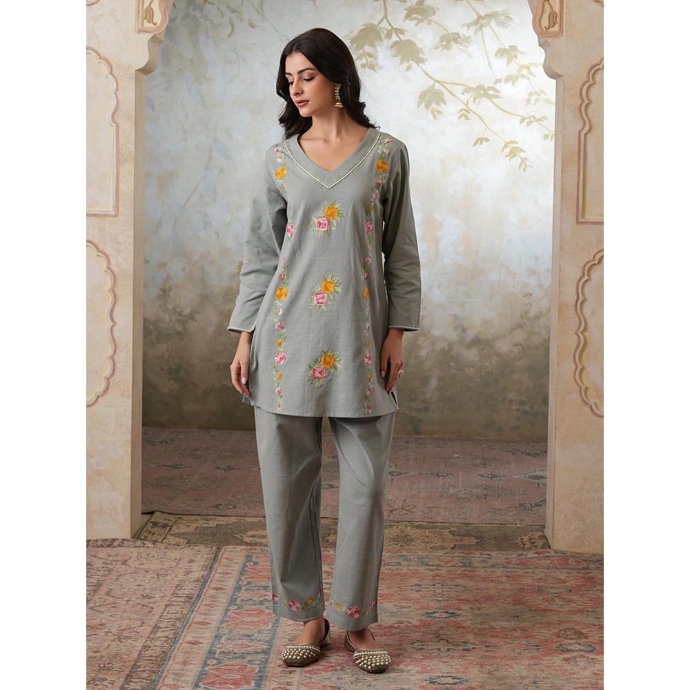QAZMI Grey Women Mehreen Kashmiri Linen Cotton Co-Ord Set