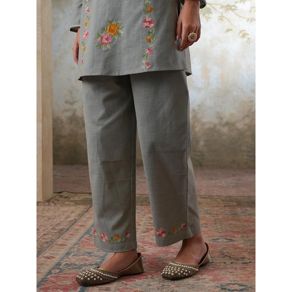 QAZMI Grey Women Mehreen Kashmiri Linen Cotton Co-Ord Set