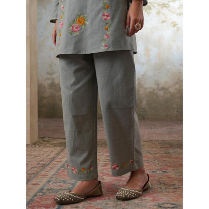 QAZMI Grey Women Mehreen Kashmiri Linen Cotton Co-Ord Set