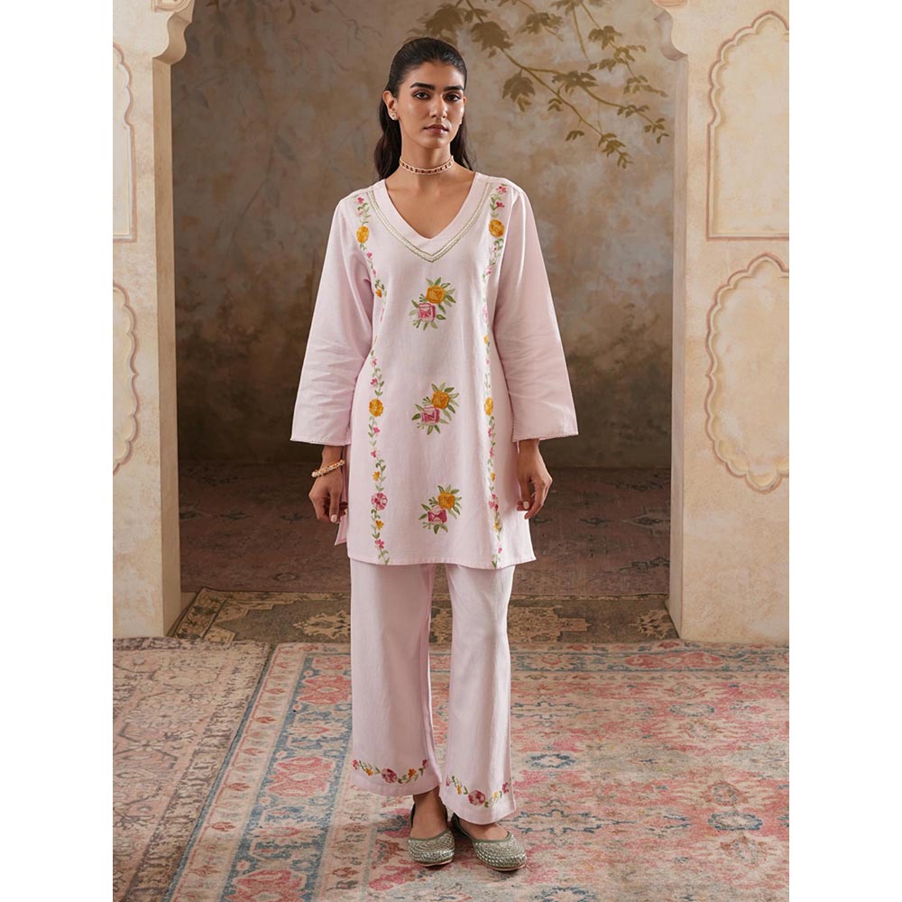 QAZMI Pink Women Mehreen Kashmiri Linen Cotton Co-Ord Set