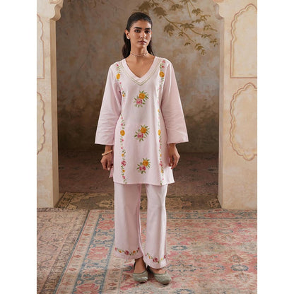 QAZMI Pink Women Mehreen Kashmiri Linen Cotton Co-Ord Set