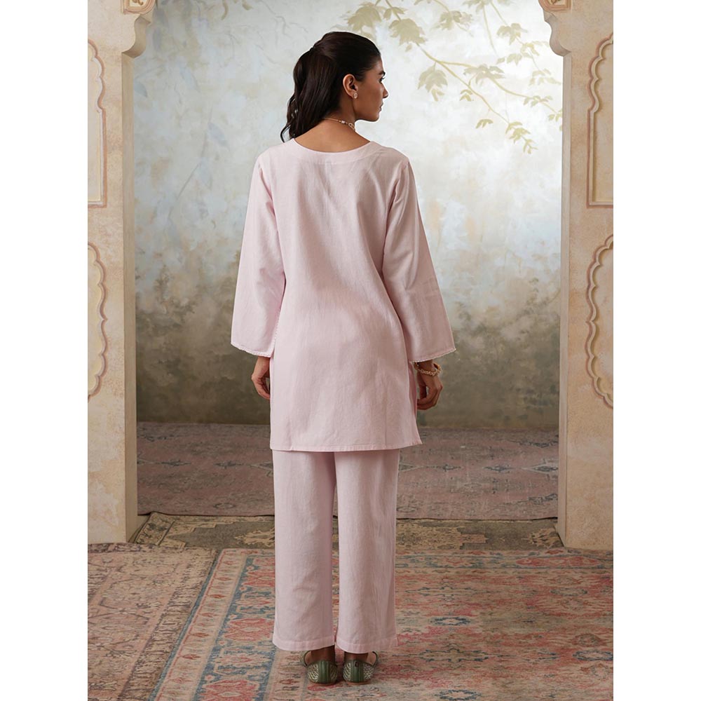 QAZMI Pink Women Mehreen Kashmiri Linen Cotton Co-Ord Set