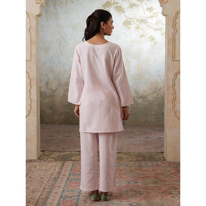QAZMI Pink Women Mehreen Kashmiri Linen Cotton Co-Ord Set