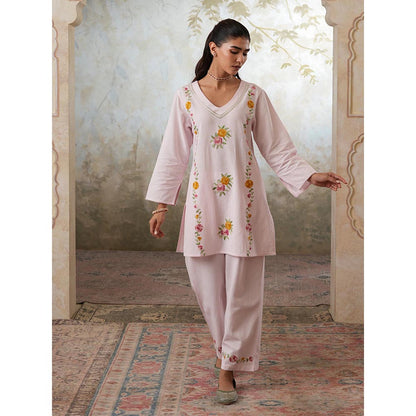 QAZMI Pink Women Mehreen Kashmiri Linen Cotton Co-Ord Set