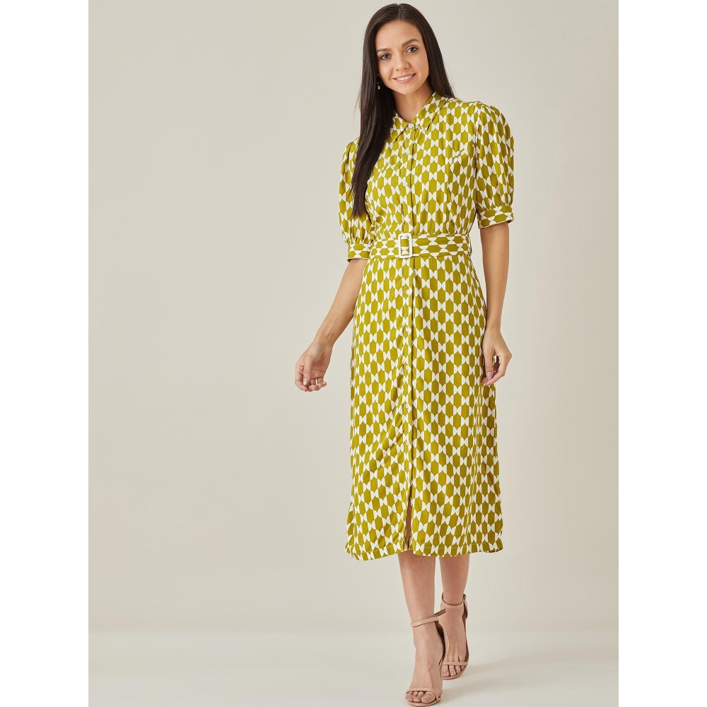 Qua Ochre Geometric Belted Patterned Dress