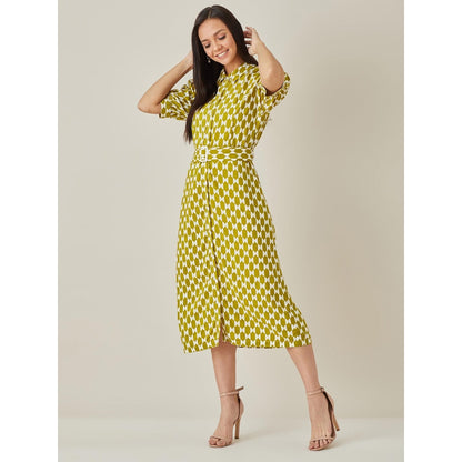 Qua Ochre Geometric Belted Patterned Dress