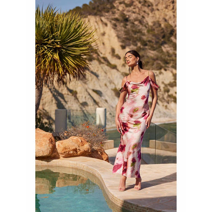 Quiz Clothing Pink Satin Marble Cowl Drop Shoulder Sleeve Maxi Dress