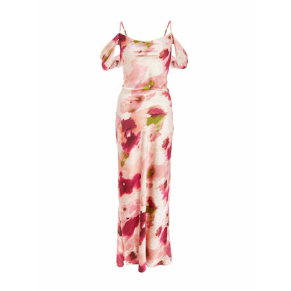 Quiz Clothing Pink Satin Marble Cowl Drop Shoulder Sleeve Maxi Dress