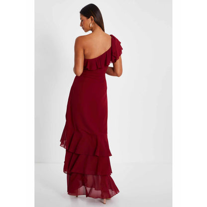 Quiz Clothing Maroon One Shoulder Chiffon Ruffle Maxi Dress