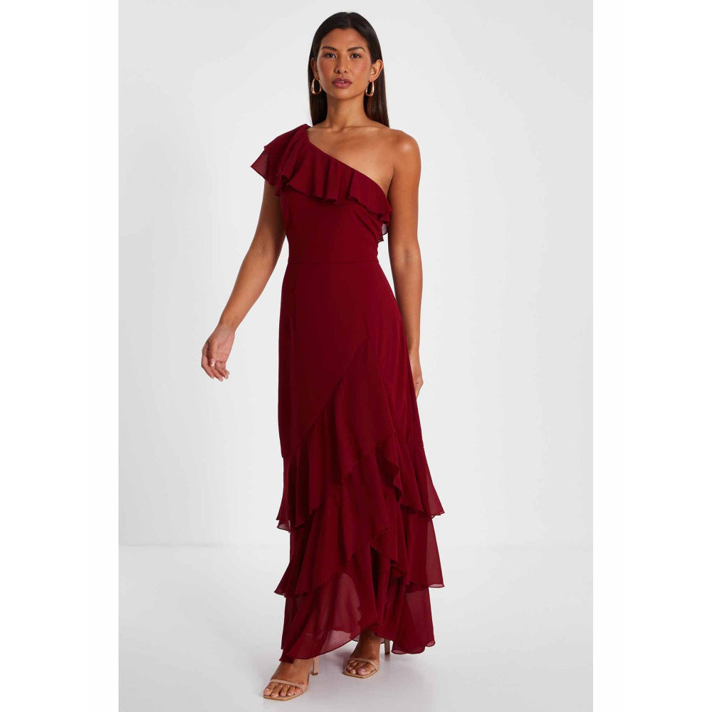 Quiz Clothing Maroon One Shoulder Chiffon Ruffle Maxi Dress