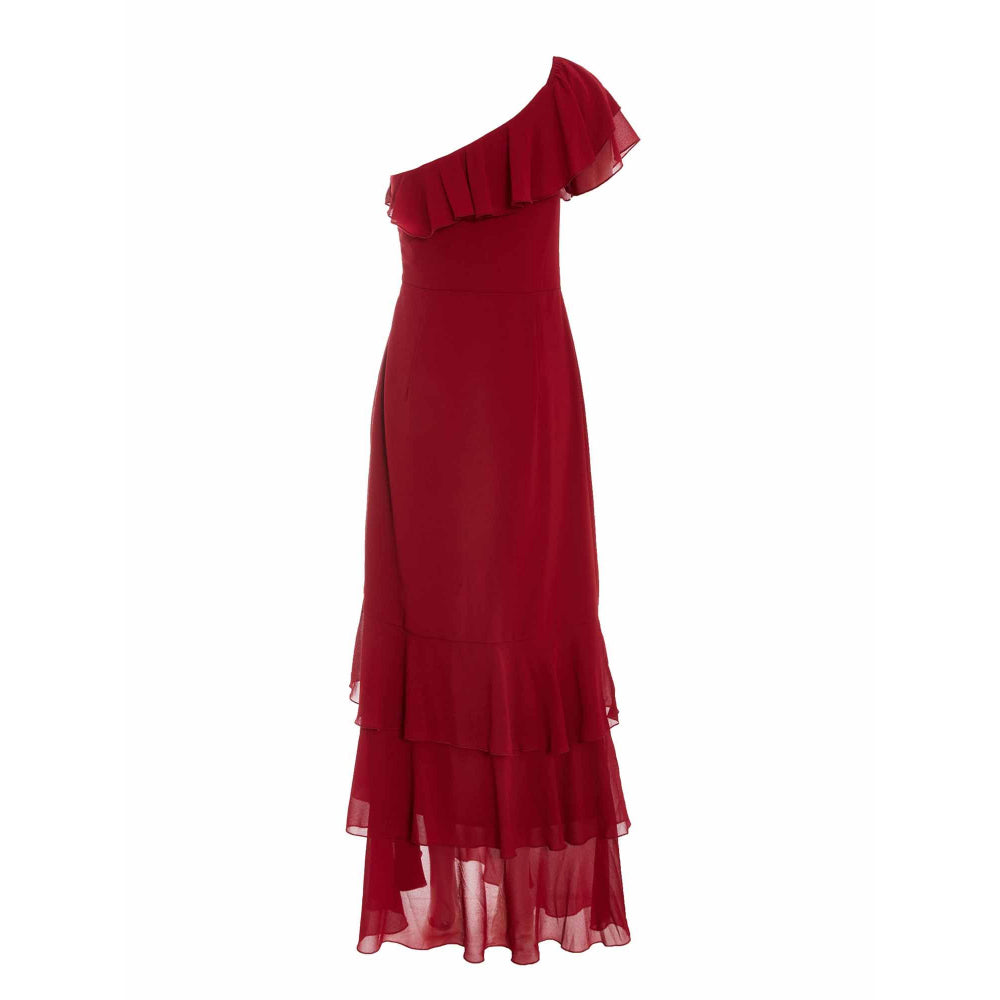 Quiz Clothing Maroon One Shoulder Chiffon Ruffle Maxi Dress