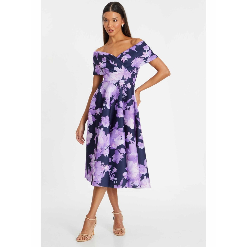 Quiz Clothing Navy Blue Floral Scuba Foam Dress