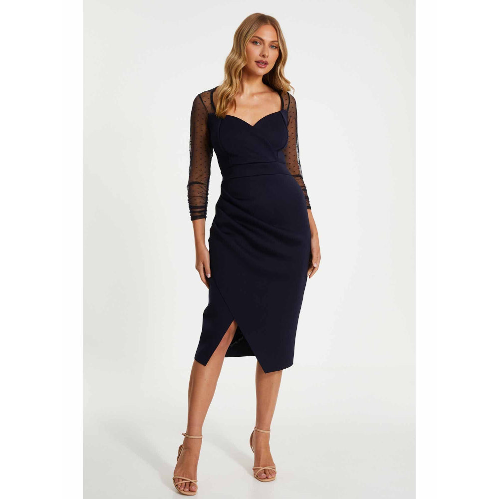Quiz Clothing Navy Blue Scuba Crepe Sweetheart Bodycon Midi Dress with Mesh Polka Dot Sleeves