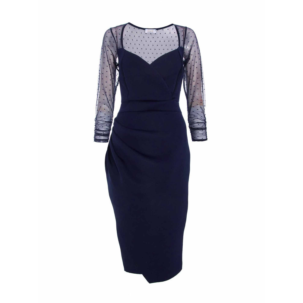 Quiz Clothing Navy Blue Scuba Crepe Sweetheart Bodycon Midi Dress with Mesh Polka Dot Sleeves