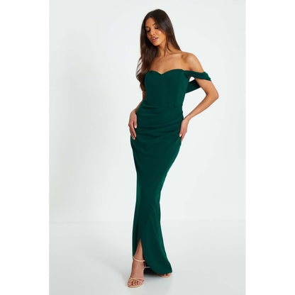 Quiz Clothing Bottle Green Scuba Crepe Bardot Cross Wrap Maxi Dress