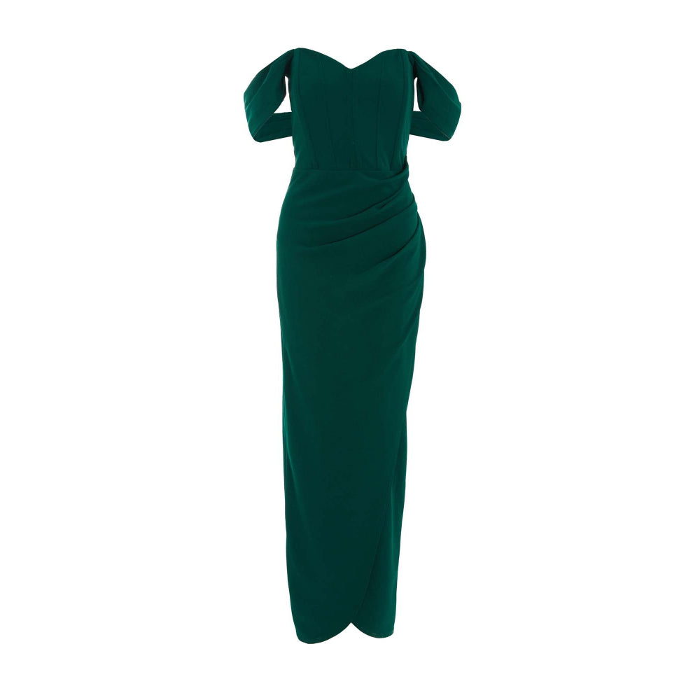Quiz Clothing Bottle Green Scuba Crepe Bardot Cross Wrap Maxi Dress