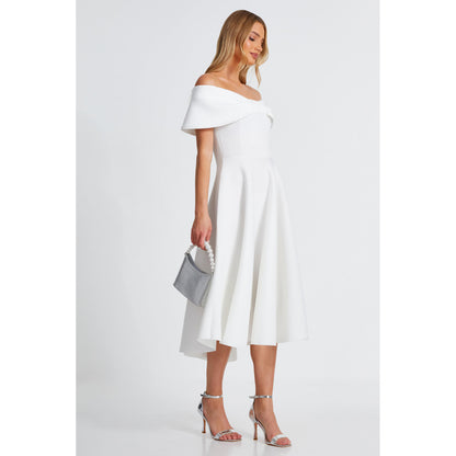 Quiz Clothing White Off- Shoulder Fit And Flared Midi Dress