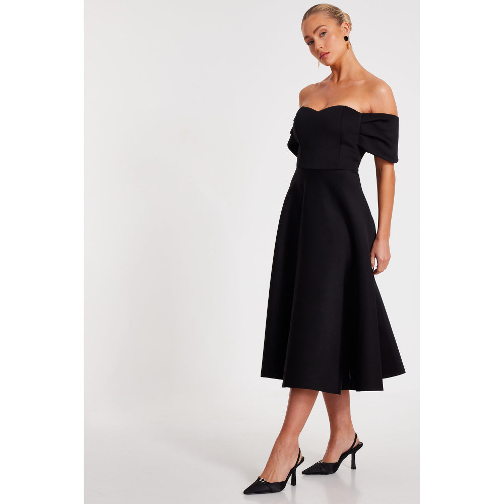 Quiz Clothing Black Off-Shoulder Pleated Skater Midi Dress