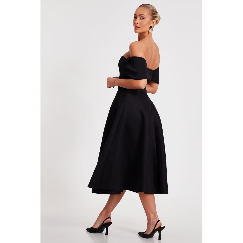 Quiz Clothing Black Off-Shoulder Pleated Skater Midi Dress