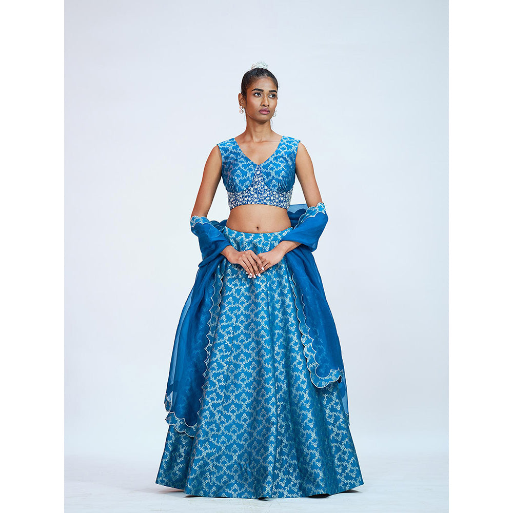 RAAG SUTRA Teal Blue Brocade Lehenga with Blouse and Dupatta (Set of 3)
