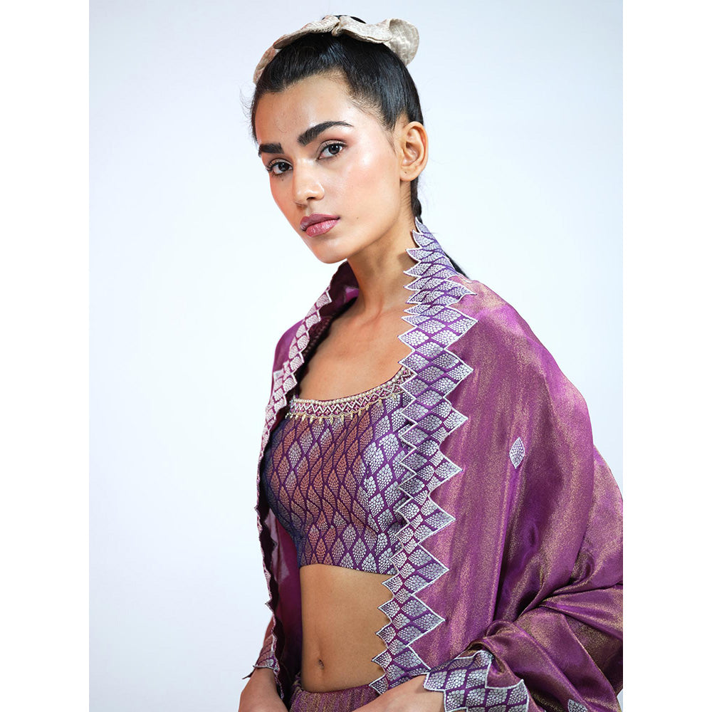 RAAG SUTRA Purple Tissue And Brocade Lehenga with Blouse and Dupatta (Set of 3)