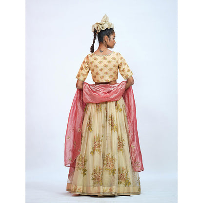 RAAG SUTRA Floral Beige Tissue Lehenga with Blouse and Dupatta (Set of 3)