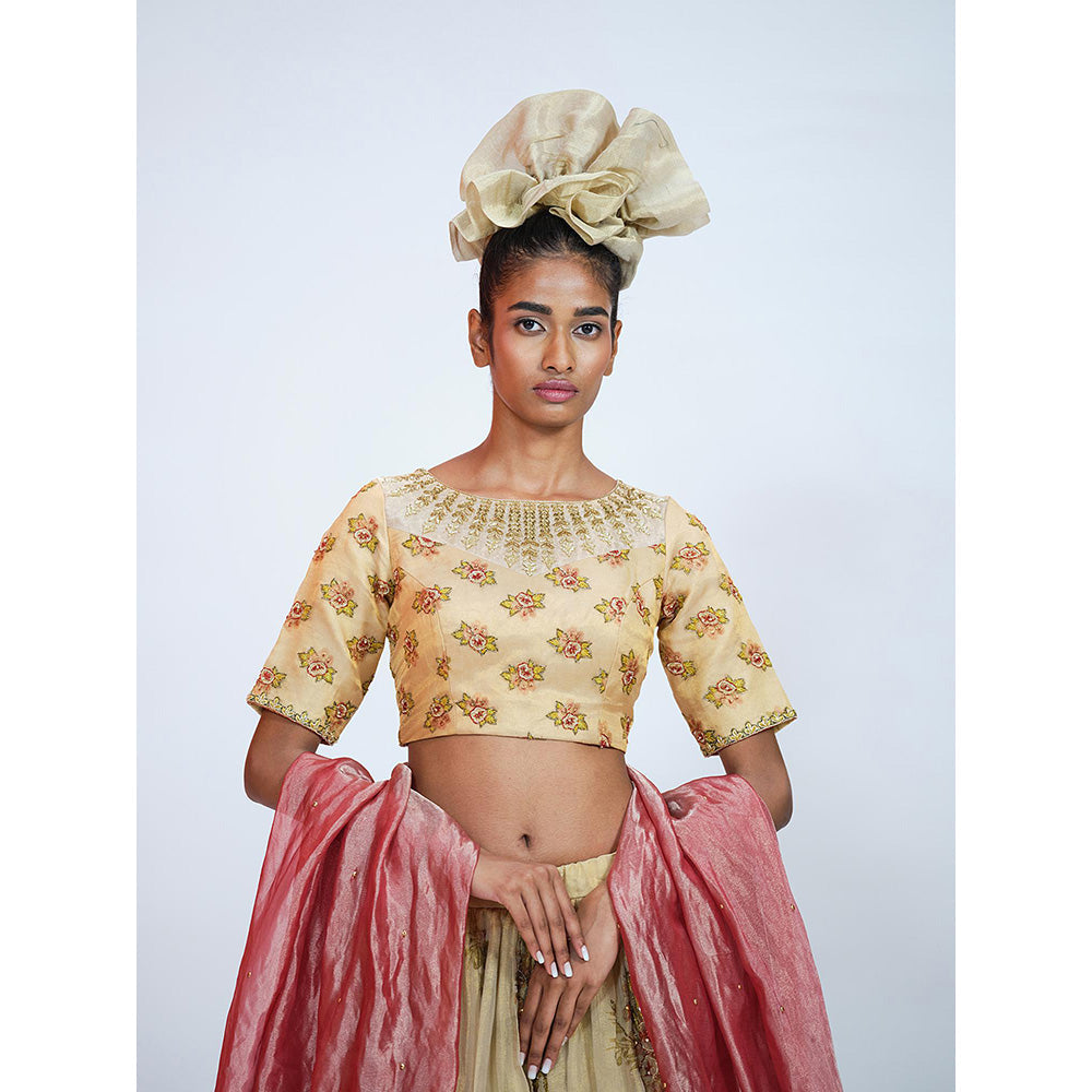 RAAG SUTRA Floral Beige Tissue Lehenga with Blouse and Dupatta (Set of 3)