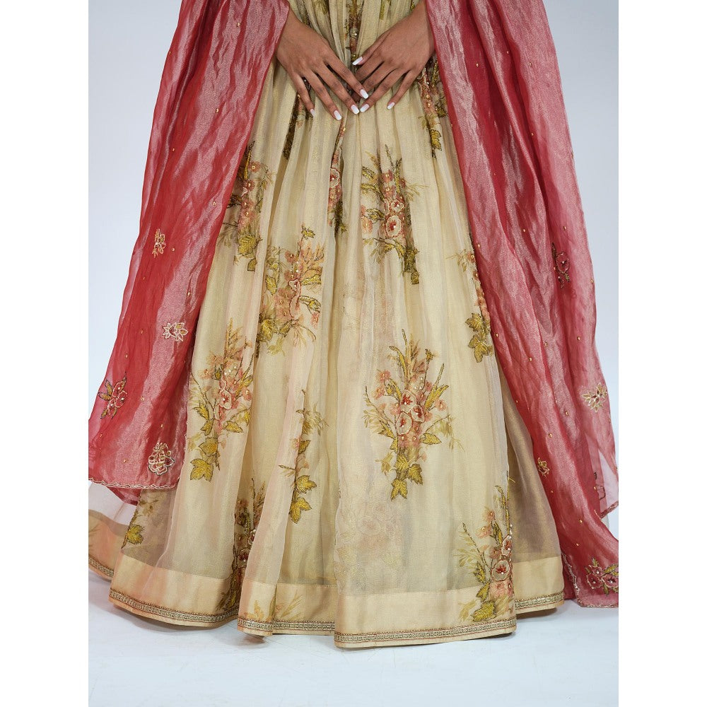 RAAG SUTRA Floral Beige Tissue Lehenga with Blouse and Dupatta (Set of 3)