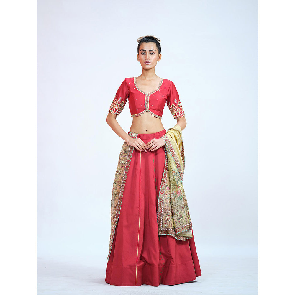 RAAG SUTRA Red Silk Lehenga with Blouse and Dupatta (Set of 3)