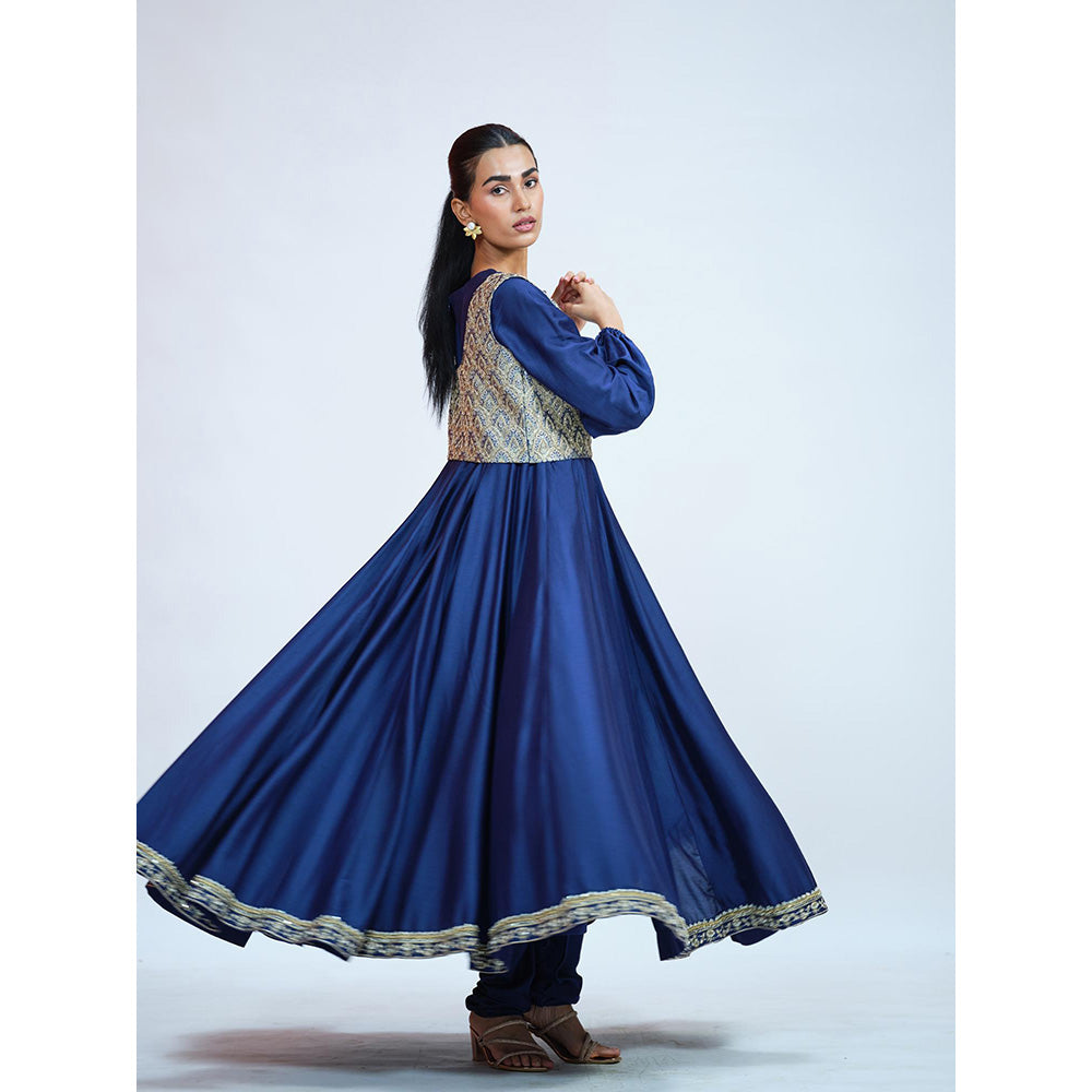 RAAG SUTRA Royal Blue Silk Anarkali Kurta with Jacket and Churidar (Set of 3)