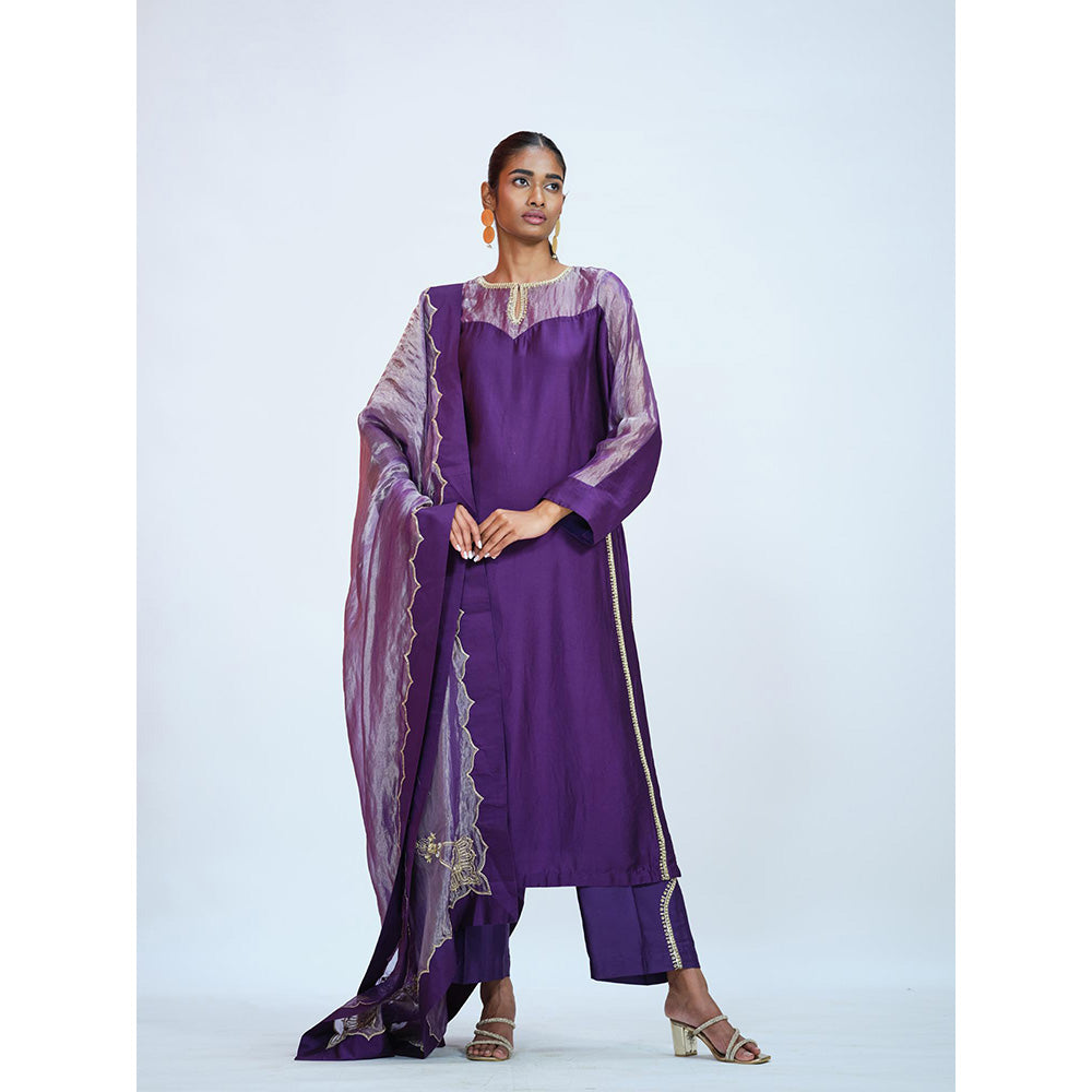 RAAG SUTRA Purple Tissue Kurta with Palazzo and Dupatta (Set of 3)