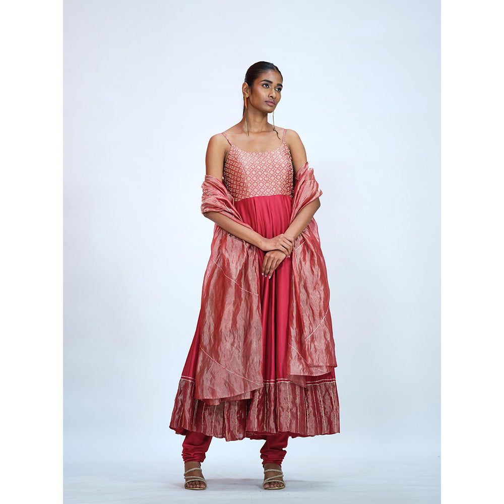 RAAG SUTRA Cherry Red Anarkali Kurta with Churidar and Dupatta (Set of 3)