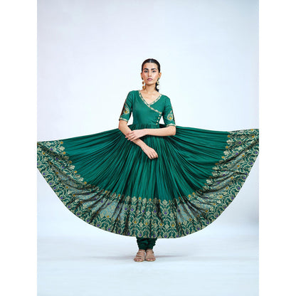 RAAG SUTRA Green Silk Brocade Anarkali Kurta with Churidar and Dupatta (Set of 3)