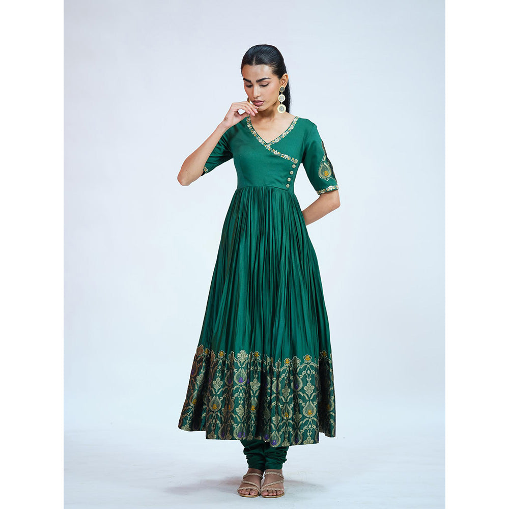 RAAG SUTRA Green Silk Brocade Anarkali Kurta with Churidar and Dupatta (Set of 3)