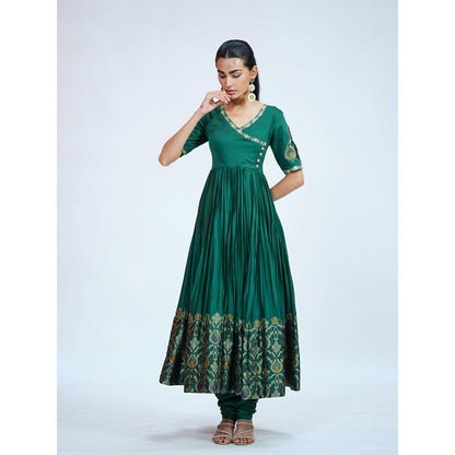 RAAG SUTRA Green Silk Brocade Anarkali Kurta with Churidar and Dupatta (Set of 3)