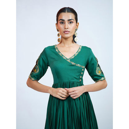 RAAG SUTRA Green Silk Brocade Anarkali Kurta with Churidar and Dupatta (Set of 3)