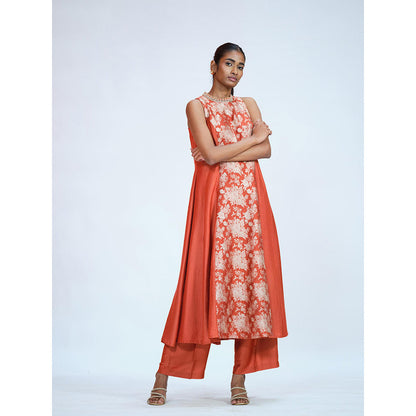 RAAG SUTRA Orange Brocade Anarkali Kurta with Palazzo (Set of 2)