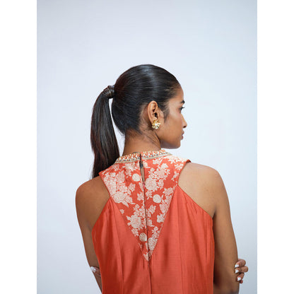 RAAG SUTRA Orange Brocade Anarkali Kurta with Palazzo (Set of 2)