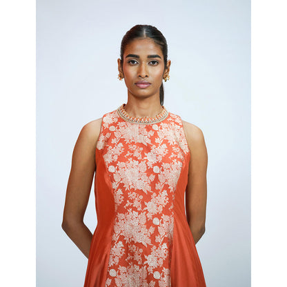 RAAG SUTRA Orange Brocade Anarkali Kurta with Palazzo (Set of 2)
