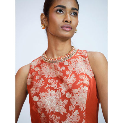 RAAG SUTRA Orange Brocade Anarkali Kurta with Palazzo (Set of 2)
