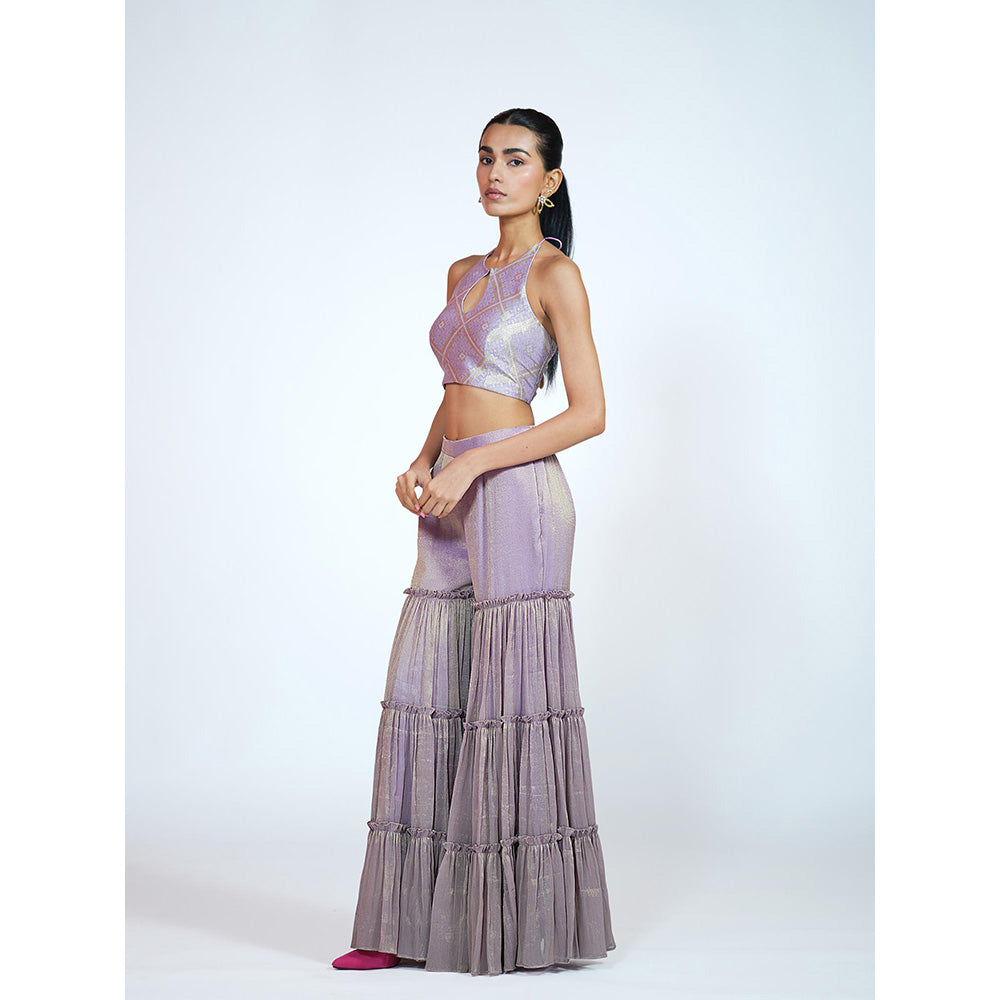 RAAG SUTRA Lavender Brocade Tissue Sharara with Crop Top (Set of 2)