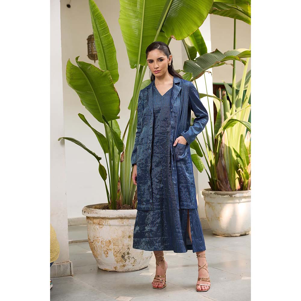 Raas Life Navy Blue Koki Stripes Slip Dress with Jacket (Set of 2)