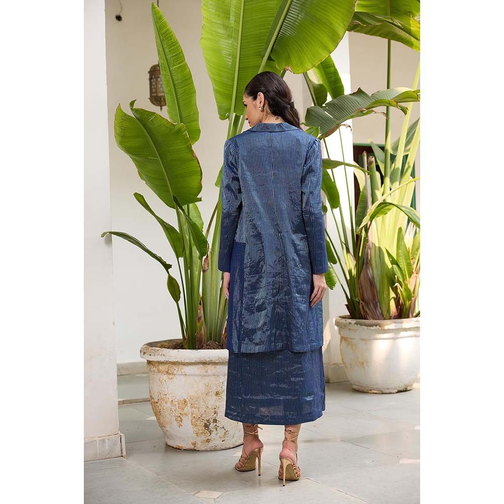 Raas Life Navy Blue Koki Stripes Slip Dress with Jacket (Set of 2)