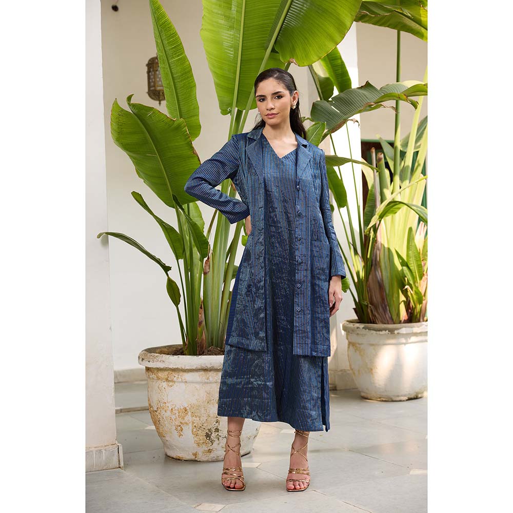 Raas Life Navy Blue Koki Stripes Dress with Jacket (Set of 2)